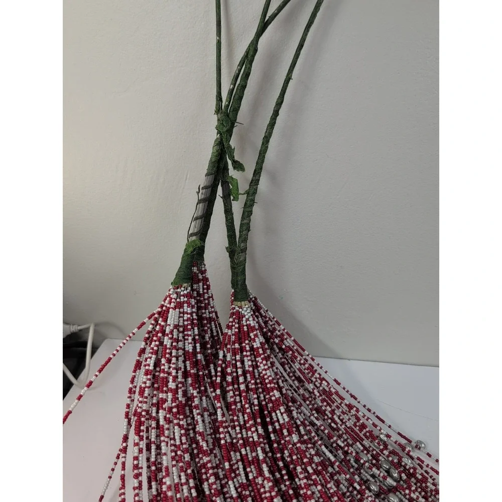 4 RED & WHITE BEADED‎ BELL PICKS WIRED STEM for WREATH VASE TREE DECORATION